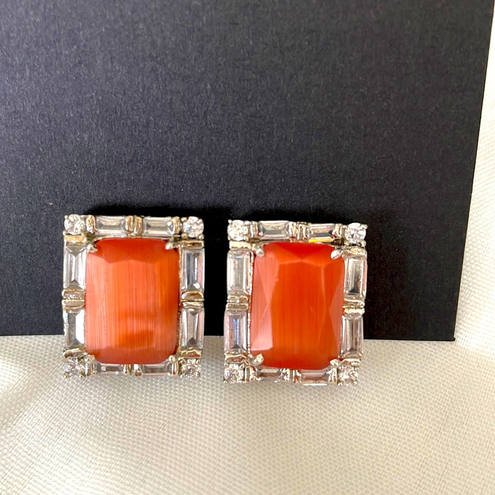 Coral orange stud earrings in silver tone with CZ baguettes trim